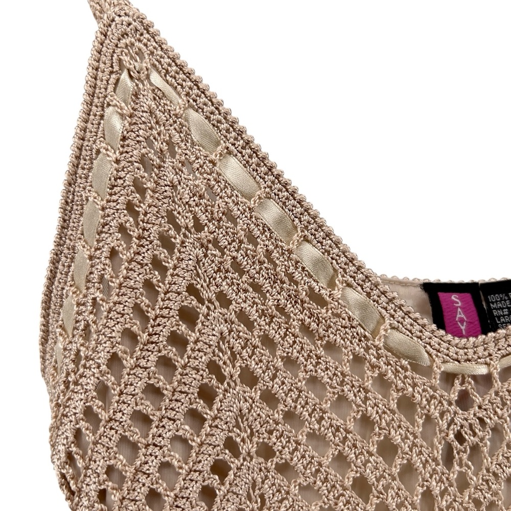 Say What? Y2K Crochet Double Layer Tank Sz L Ribbon Tie Tan Adjustable Strap - Picture 9 of 16